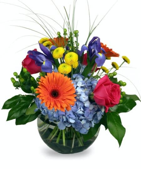 The Happy Days of Spring are here! Brighten someone's day with this beautiful and colorful arrangement. Arranged in a glass bubble bowl with accent rocks.